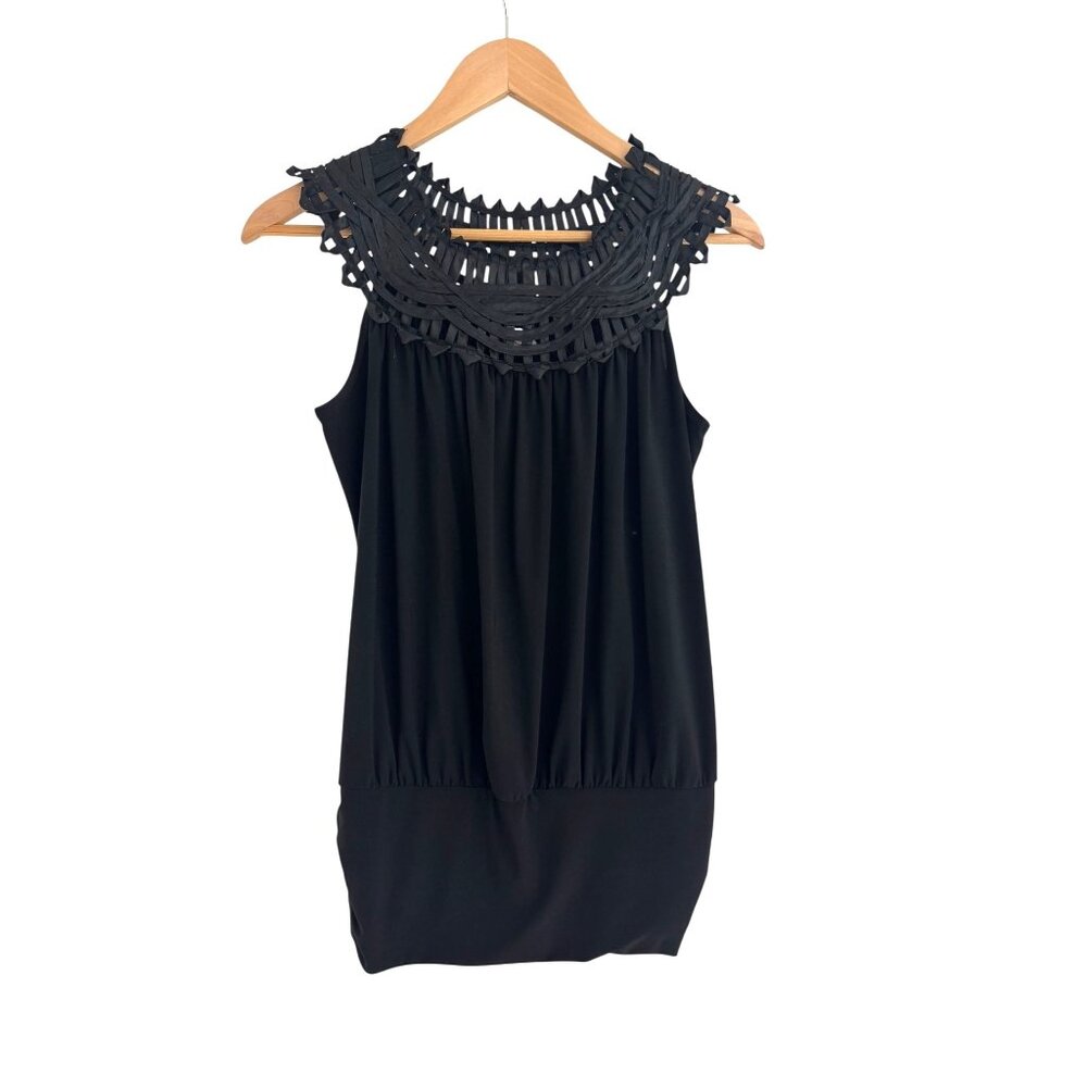 Black Satin Weave Neckline Blouson Sleeveless Top Shirt Tank Blouse Size Medium